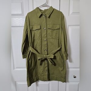 Olive Green Long-Sleeve Button-Front Belted Denim Shirt Dress, Large, Like New